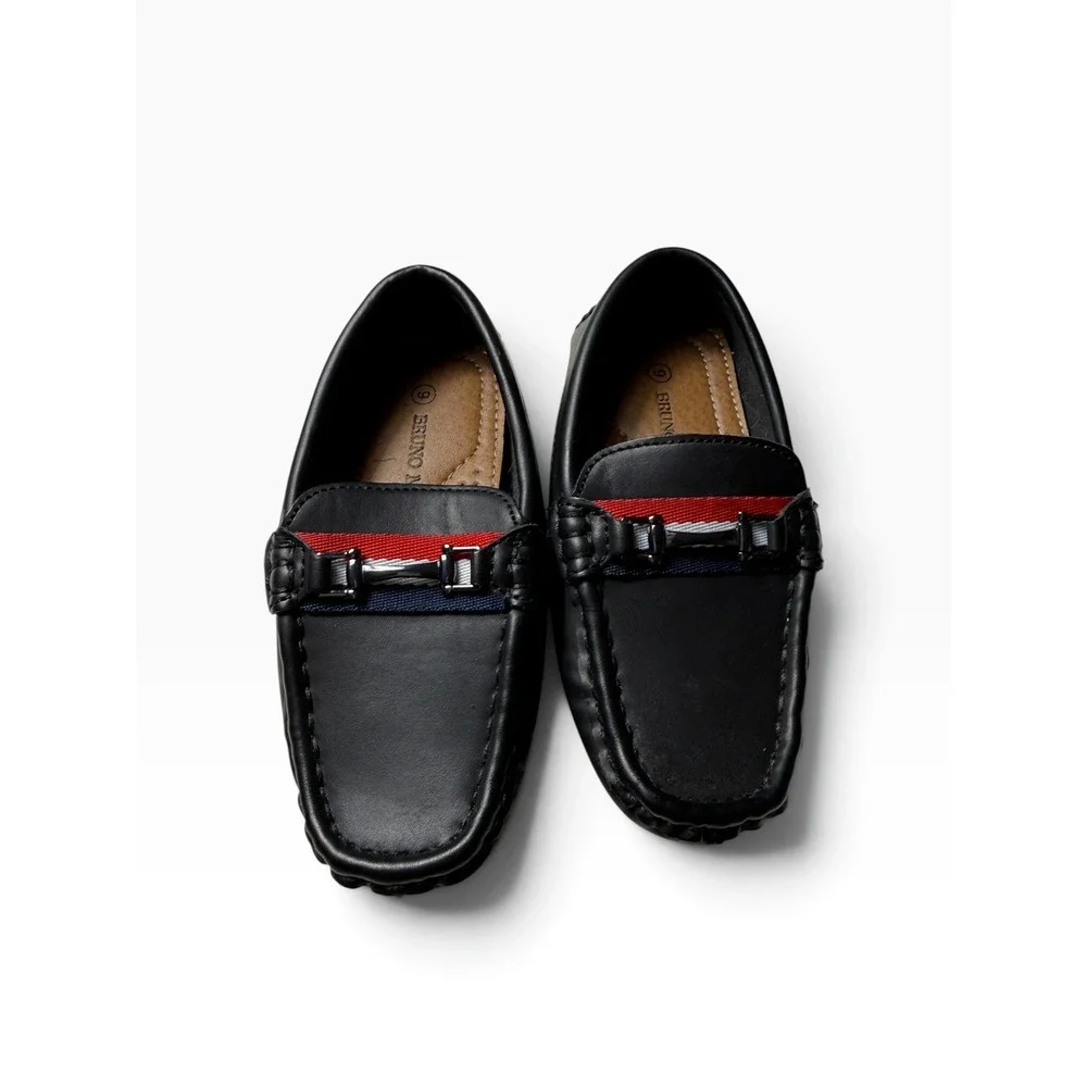 Bruno Marc Boys Black Loafers Driving Mocs Red White Blue Stripe Size 9 Toddler